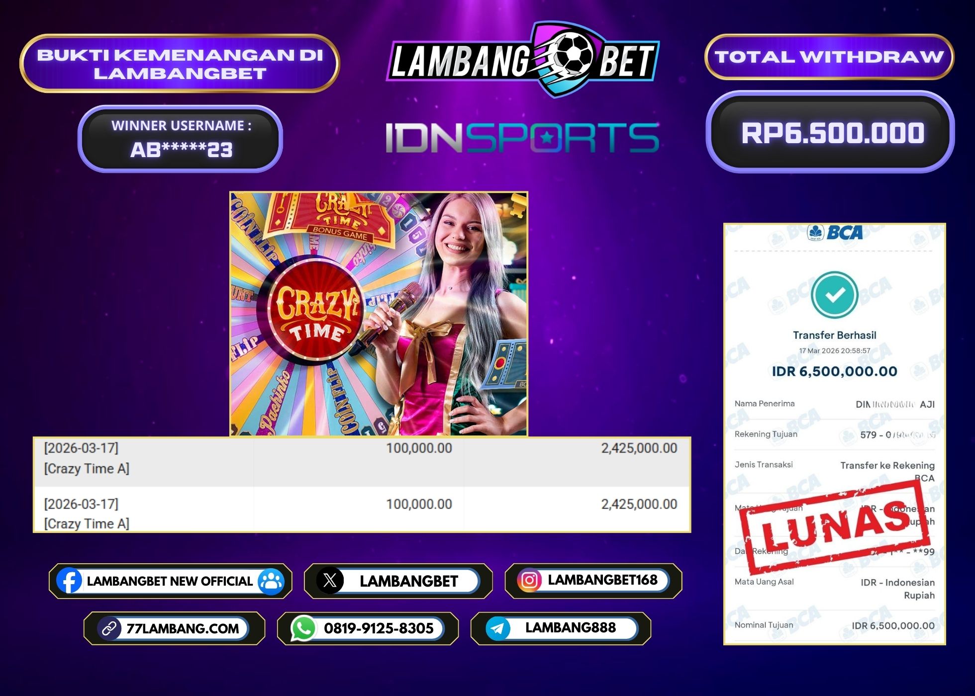 LAMBANGBET [17 MARET 2026] JACKPOT LIVE CASINO Crazy Time A "Rp6.500.000" LUNAS